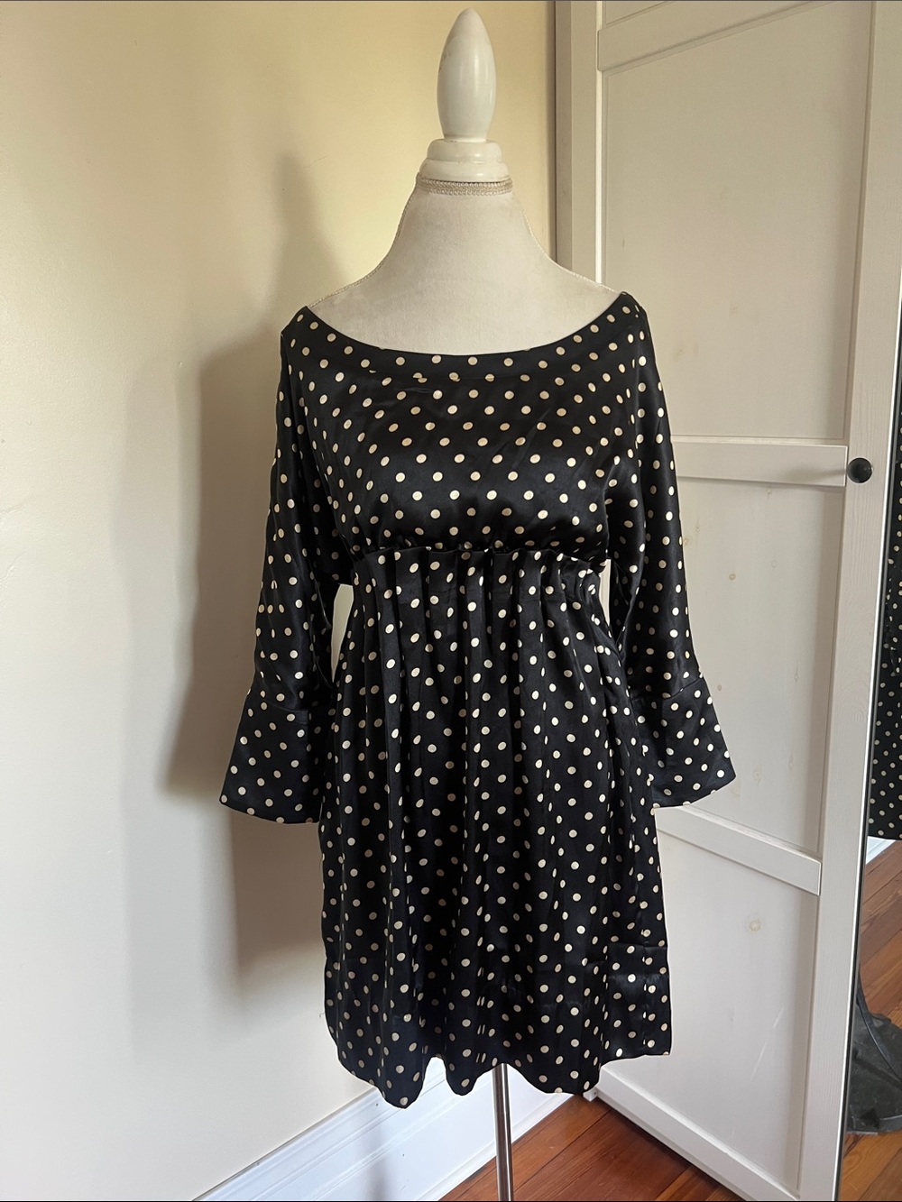 Gretchen Scott Black Cream Polka Dot Empire Waist 3/4 Sleeve Dress S